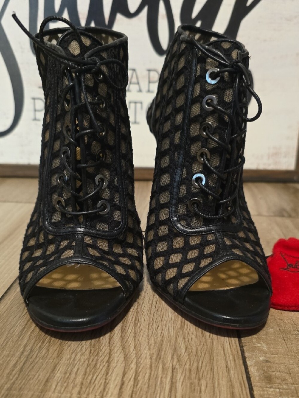 Christian Louboutin Black Mesh Lace-Up Peep-Toe 100 Heels Size (37-1/2) - Picture 5 of 15